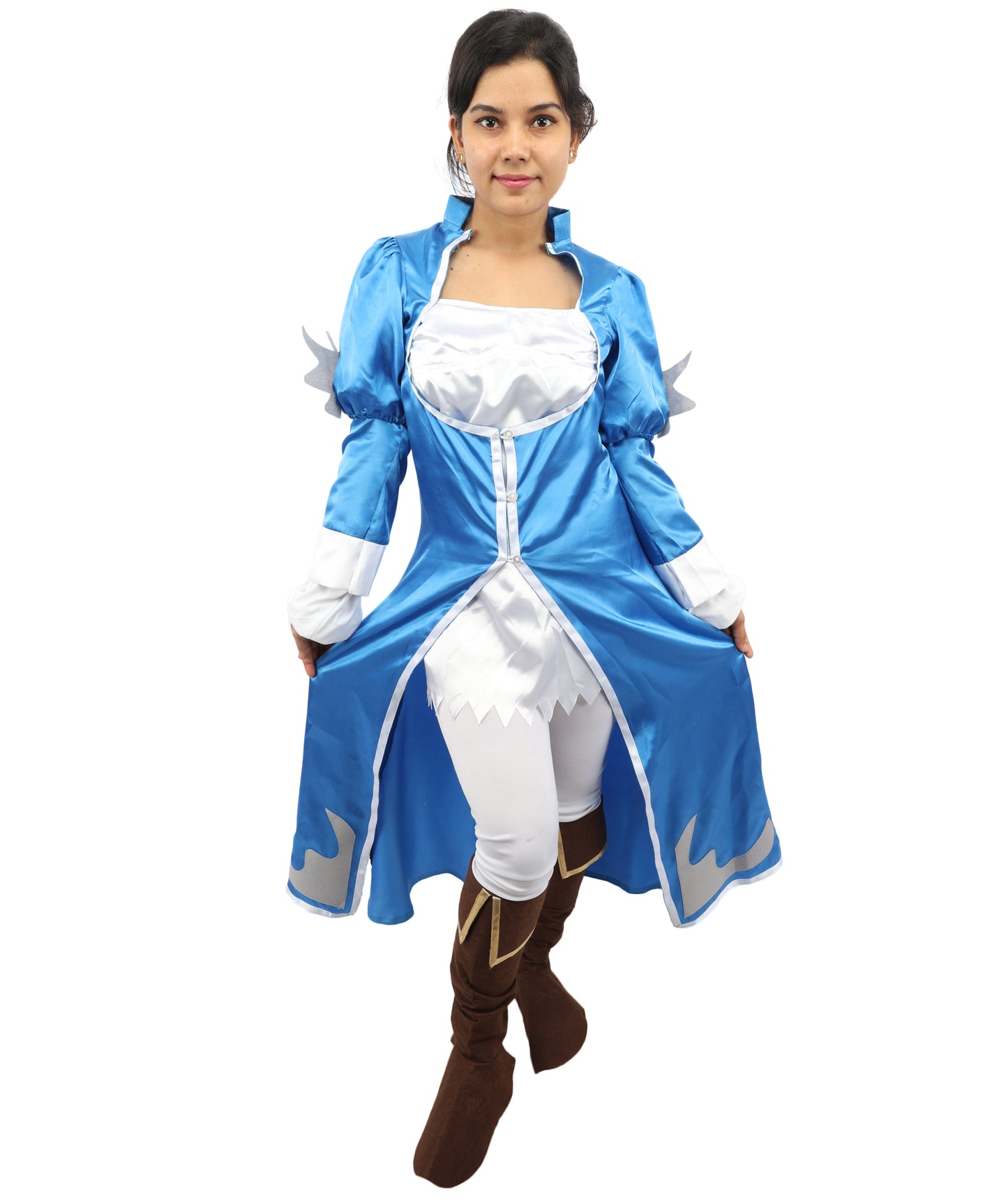 HPO Women's Anime Sorceress Roleplay Suit | Flowing white and blue satin jersey construction featuring a long dress, hand gloves, and leg socks | Ideal for party, Halloween, cosplay, theater, drag, performance, costume events