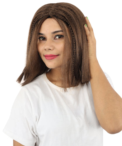 HPO Celebrity-Style 11 Inch Green Rooted Blonde Front Braided Straight Wig | Shoulder-Length Fun, Bold, and Stylish Hairpiece  | Ideal for Halloween, Cosplay, and Themed Parties