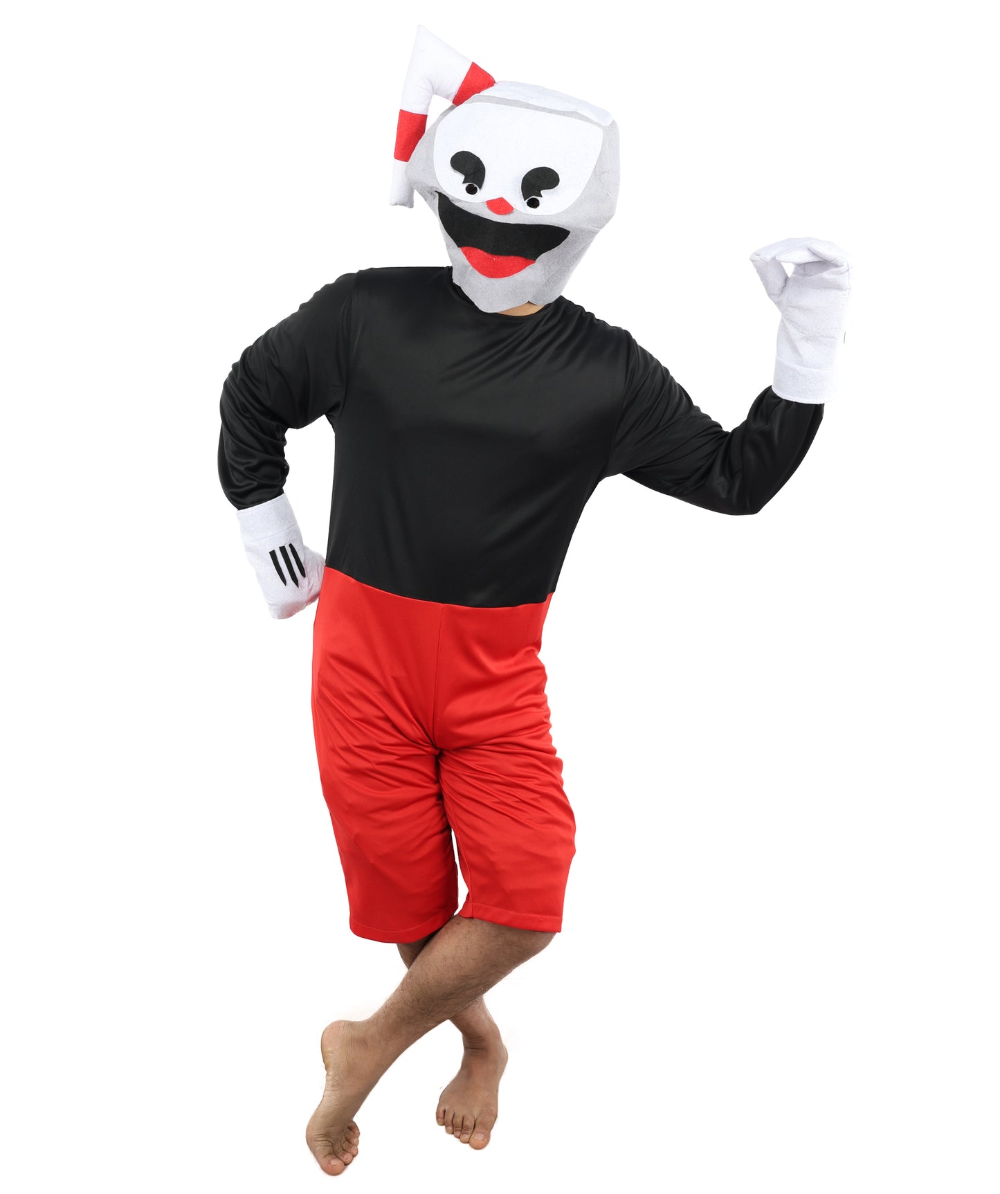 HPO Men's Vintage Toon Cup Red & Black Costume | Soft Fabric Construction Featuring Straw Accent Mask and Shorts | Versatile for Stage Shows, Carnival Events, and Character Parties
