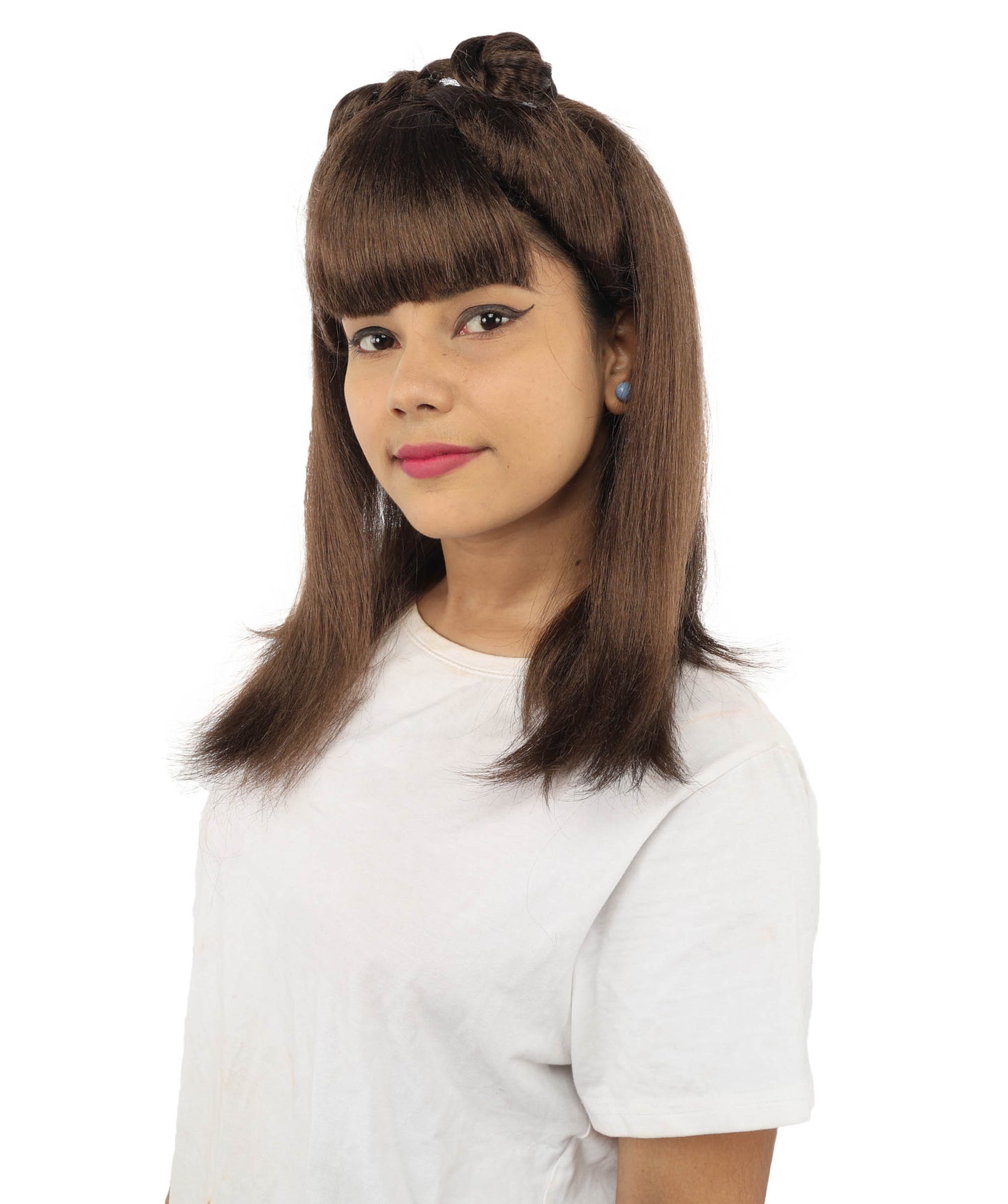 HPO Women's Brown & Pink Half Updo Bangs Wig | Create of synthetic fiber, blunt fringe with top bow, breathable base | Party, Halloween, theater, drag, performance, costume events