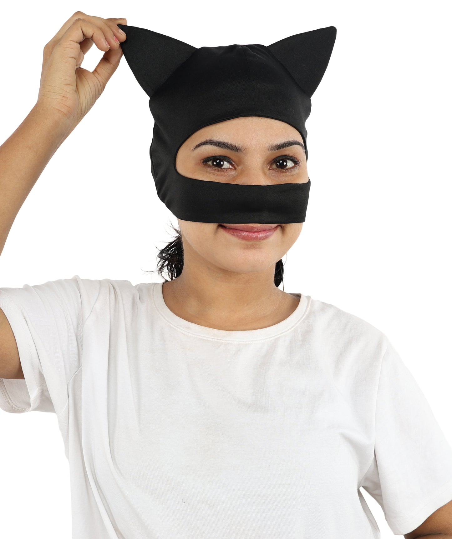 HPO Women’s Black Hero Costume Mask – Soft Fabric Formed Face Cover with Defined Eye Shape | Cosplay Party & Halloween Outfit