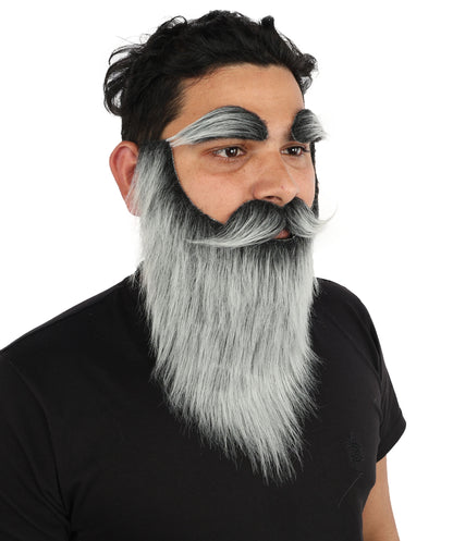 HPO Men's Full Artificial Beard Mustache & Eyebrow Set | Flame-Retardant Synthetic Fiber With Regular Cap | Ideal For Theater, Halloween And Cosplay