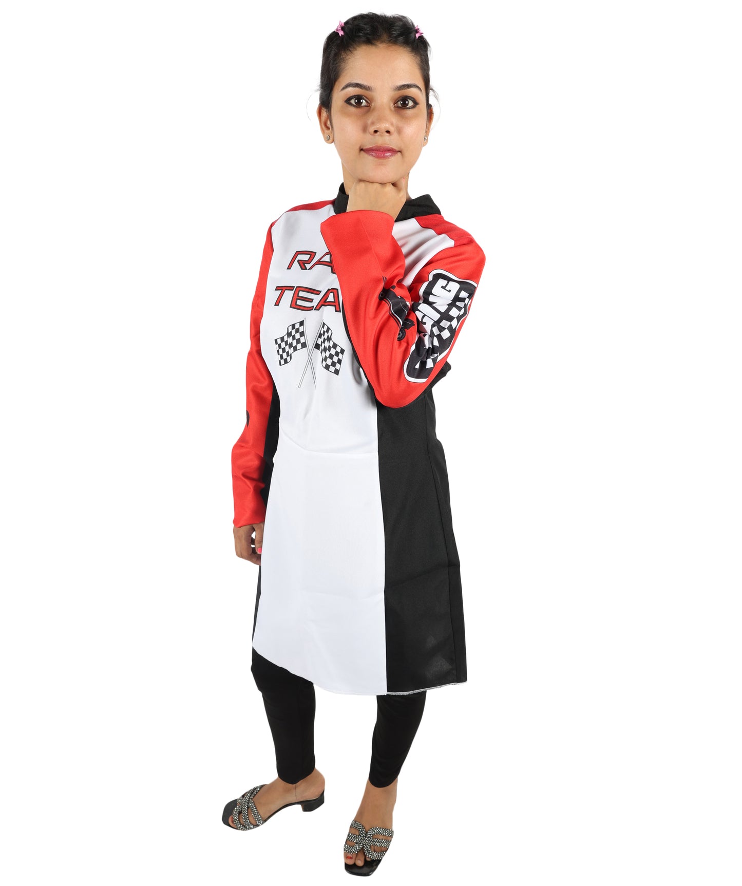 HPO Women’s Racing-Themed Costume | Black, White & Red Jumpsuit with Gloves | RONIOR Fabric 3-in-1 Outfit for Performance & Cosplay