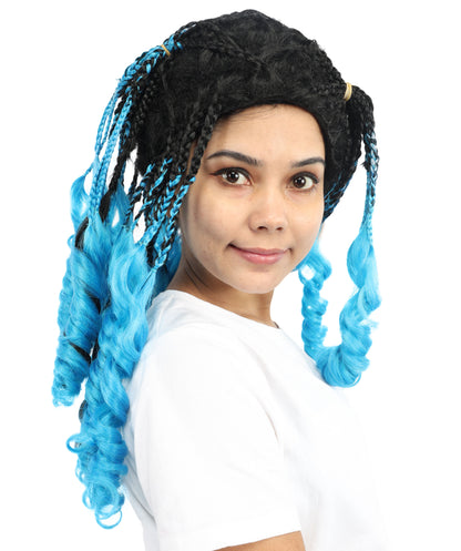 HPO Women’s Long Ombre Blue & Black Braided Wig | Gradient Synthetic Braids for Cosplay & Halloween | Lightweight Capless Cap Design