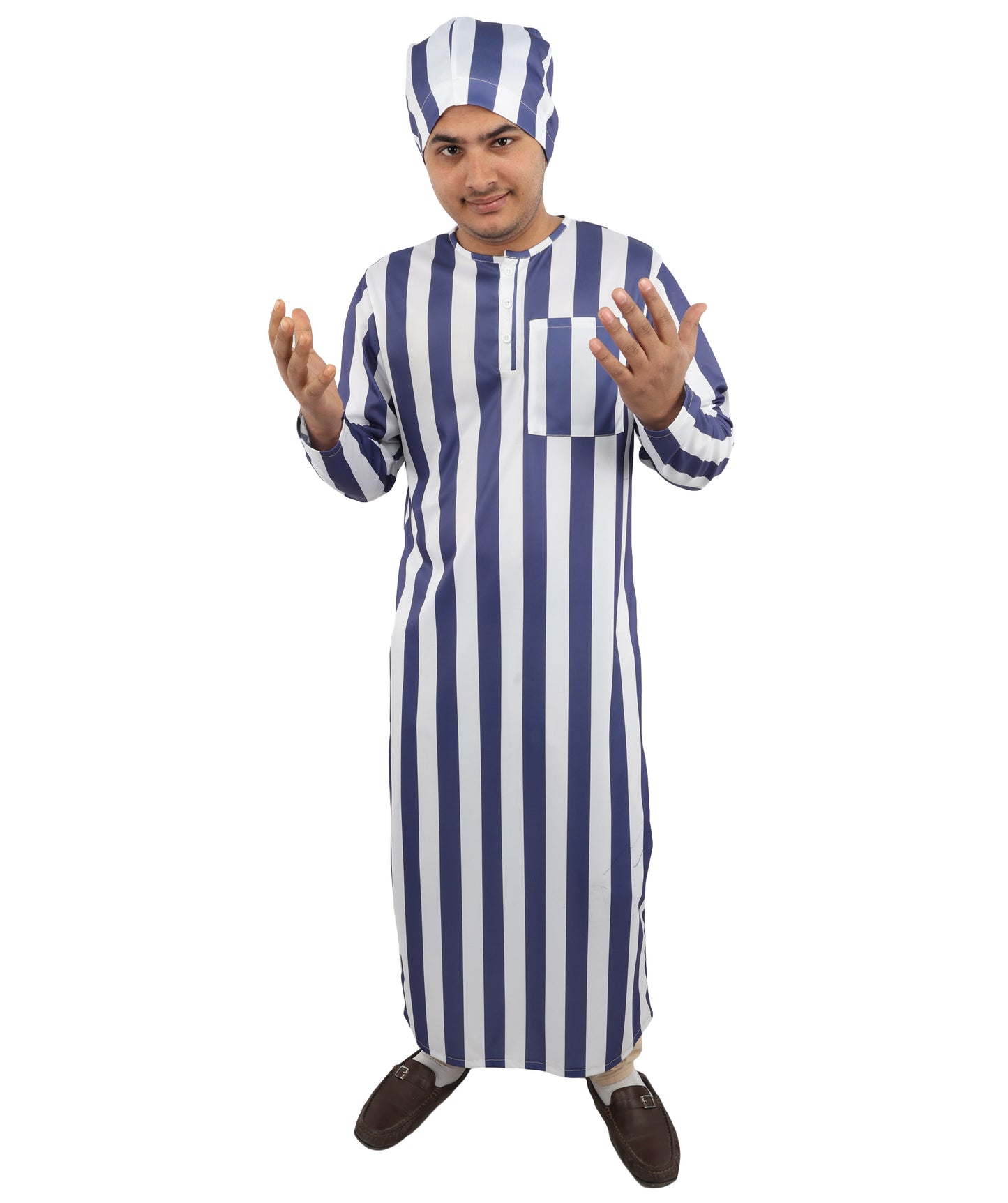 HPO Men's Victorian Striped Sleepwear | Blue and White Vertical Stripe Jersey with Adjustable Matching Nightcap | Ideal for Theater, Halloween, Cosplay, and Historical Performance Events