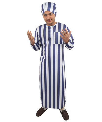 HPO Men's Victorian Striped Sleepwear | Blue and White Vertical Stripe Jersey with Adjustable Matching Nightcap | Ideal for Theater, Halloween, Cosplay, and Historical Performance Events