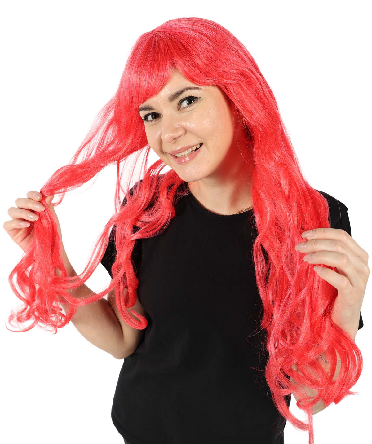 HPO Women's Red Long Wavy Desire Wig with Front Bangs | Halloween and Party Wig | Flame-retardant Synthetic Fiber  |  Premium Breathable Capless Cap