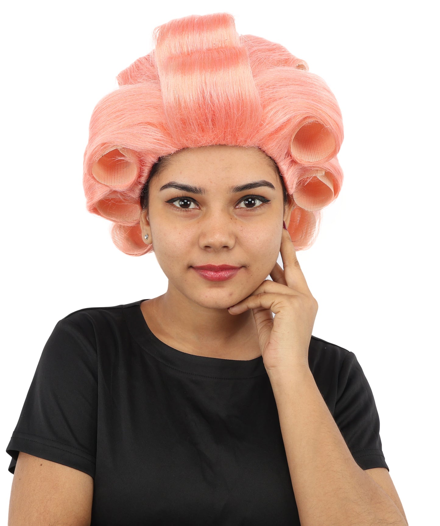 HPO Women's Retro Roller Set Pink Wig | Pastel peach tone, create of synthetic fiber, large cylindrical curler texture, capless cap | Party, Halloween, theater, drag, performance, costume events