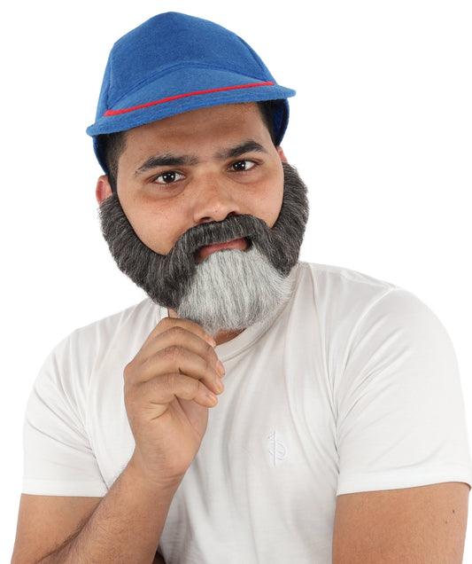 HPO Men’s Multicolor Beard & Mustache with Navy Cap – Realistic Facial Hair Costume Set with Adjustable Hat | Ideal for Cosplay Look for Halloween & Roleplay