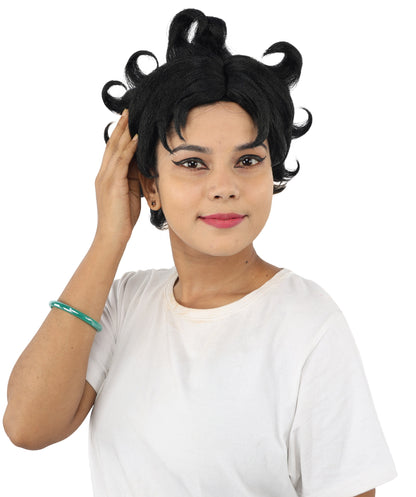 HPO Women's Vintage Pinup Curl Wig | Black synthetic fibers with structured ringlet loops and capless construction | Essential for theatrical stage Halloween drag performance and costume events