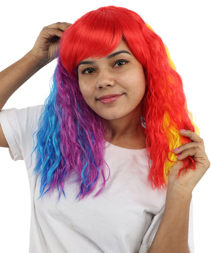 HPO Women’s 17 Inch Curly Rainbow Wig with Side Bangs—Colorful Long Hairpiece with breathable Capless Cap | Ideal for Halloween, Cosplay, Pride and Drag Shows