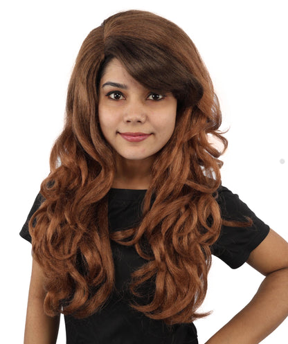 HPO Women’s Long Brown Wavy Wig | Capless Cap 23 Inch Synthetic Hair | Pop Singer Inspired Glamorous Cosplay, Party & Fashion Wig