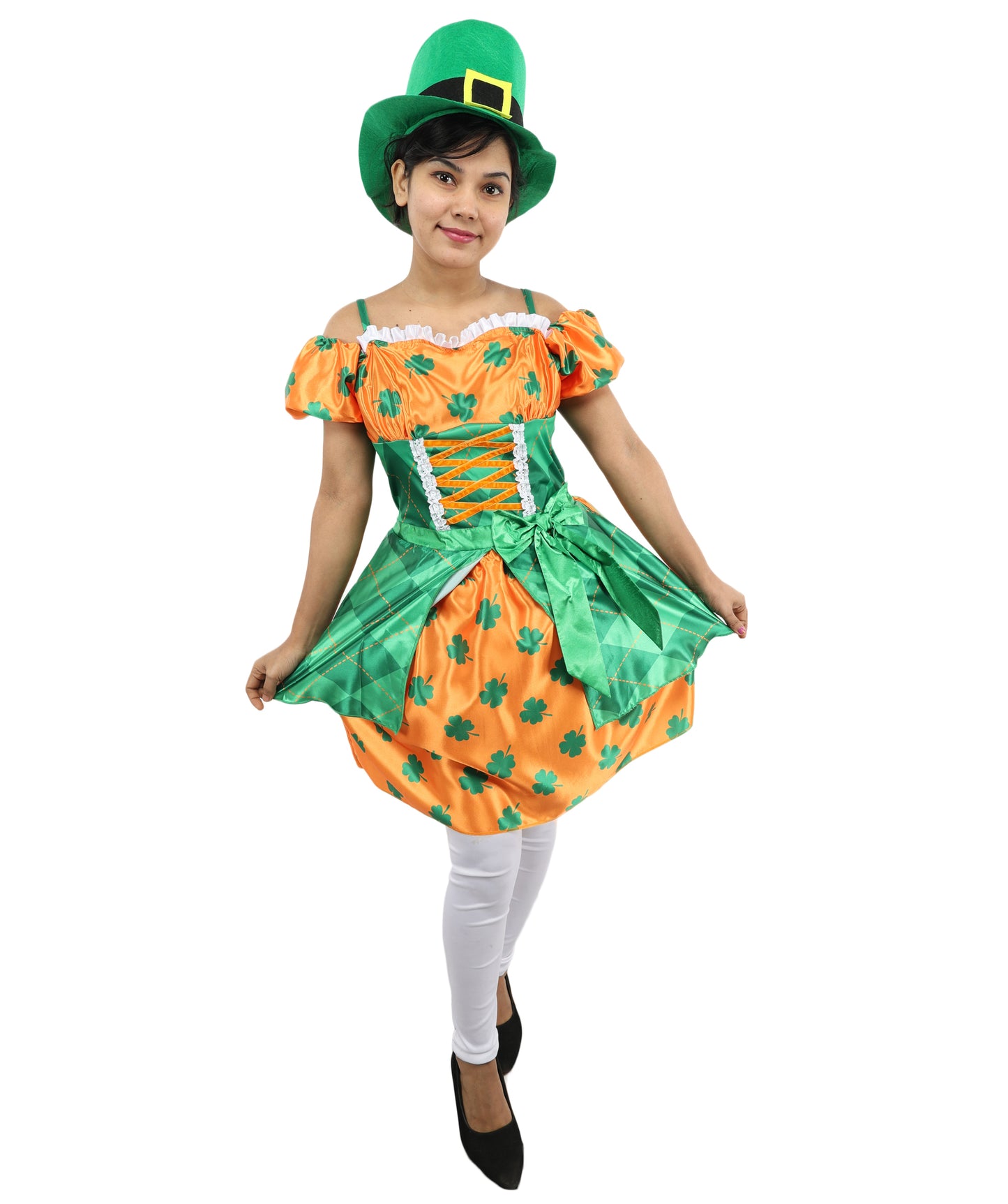 HPO Women Orange & Green Party Dress Costume with Hat | Colorful Event Outfit with Ruffle Skirt | Designed for Cosplay & Parties