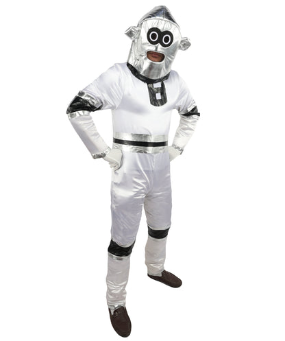 HPO Men's Metallic Silver & Black Android Bodysuit | Shiny PVC and Satin Finish with Full Head Cap and Matching Hand Gloves | Ideal for Cosplay, Halloween, Drag, and Futuristic Theater Performances