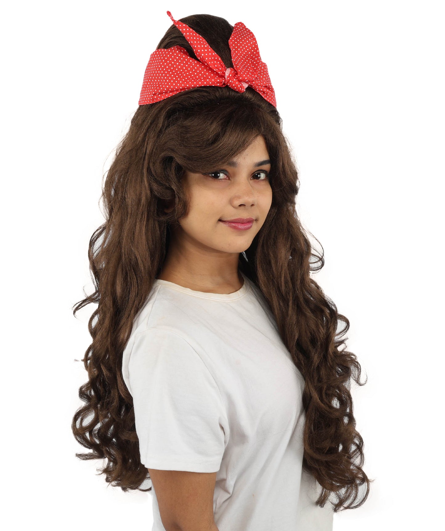 HPO Women’s Retro Beehive Wig with Red Bow | Multicolor Options | Extra Long Wavy Fancy Dress Accessory | Fancy Dress Accessory | Celebrity-Inspired Hair for Halloween, Cosplay & Music Tribute Parties
