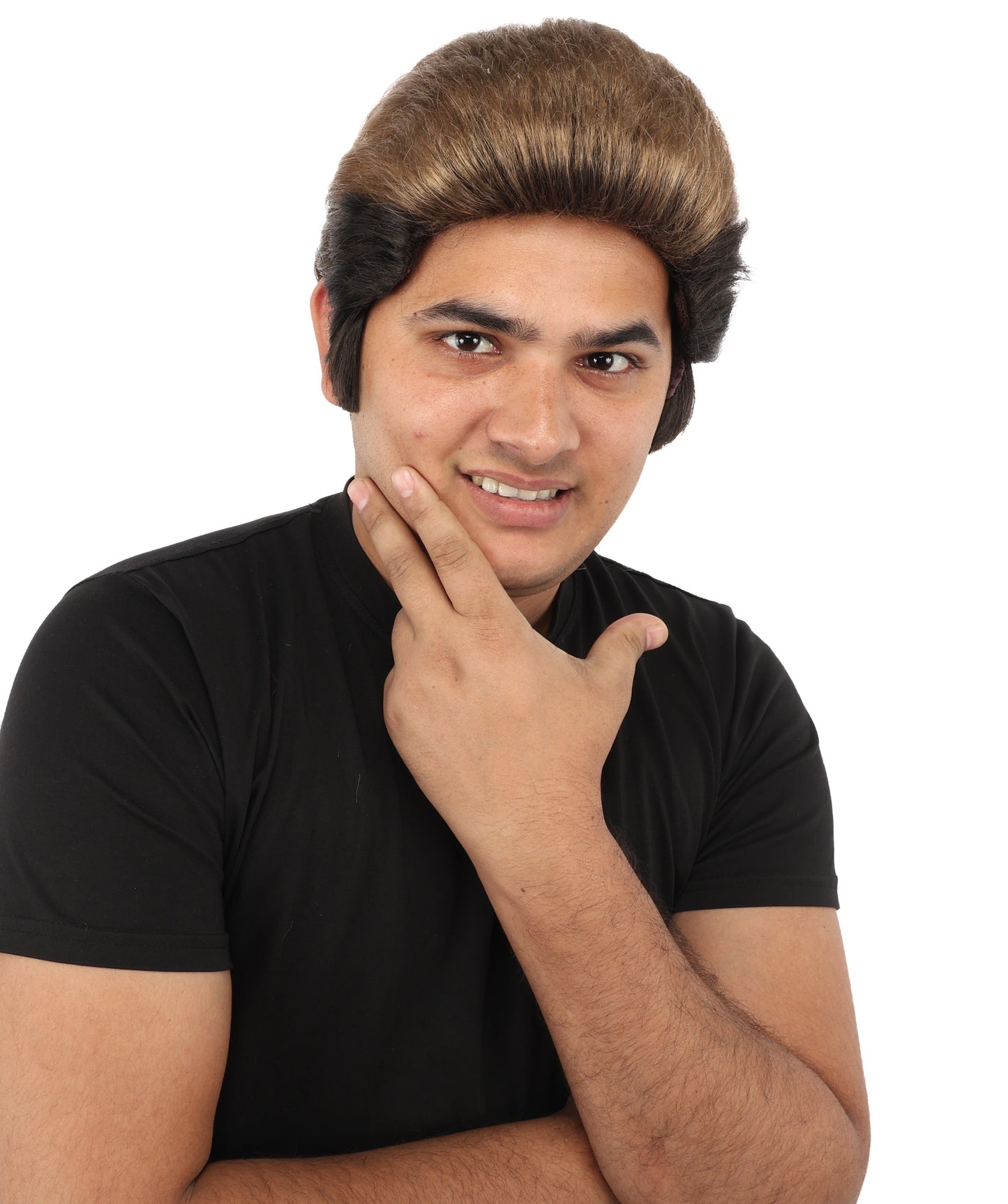 HPO Men's Fighter Pompadour Wig | Ash brown tone, create of synthetic fiber, swept-back voluminous texture, breathable capless cap | Party, Halloween, theater, drag, performance, costume events