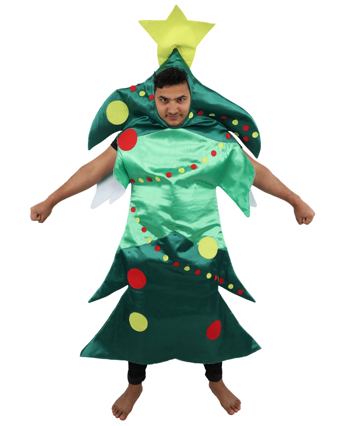 HPO Men's Festive Christmas Tree Costume | Green Structured Foam and Jersey Tunic with Star Accent | Ideal for Halloween, Theater, Drag, and Holiday Performance Events