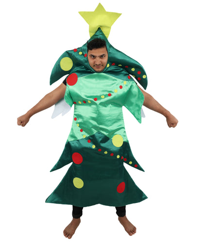 HPO Men's Festive Christmas Tree Costume | Green Structured Foam and Jersey Tunic with Star Accent | Ideal for Halloween, Theater, Drag, and Holiday Performance Events