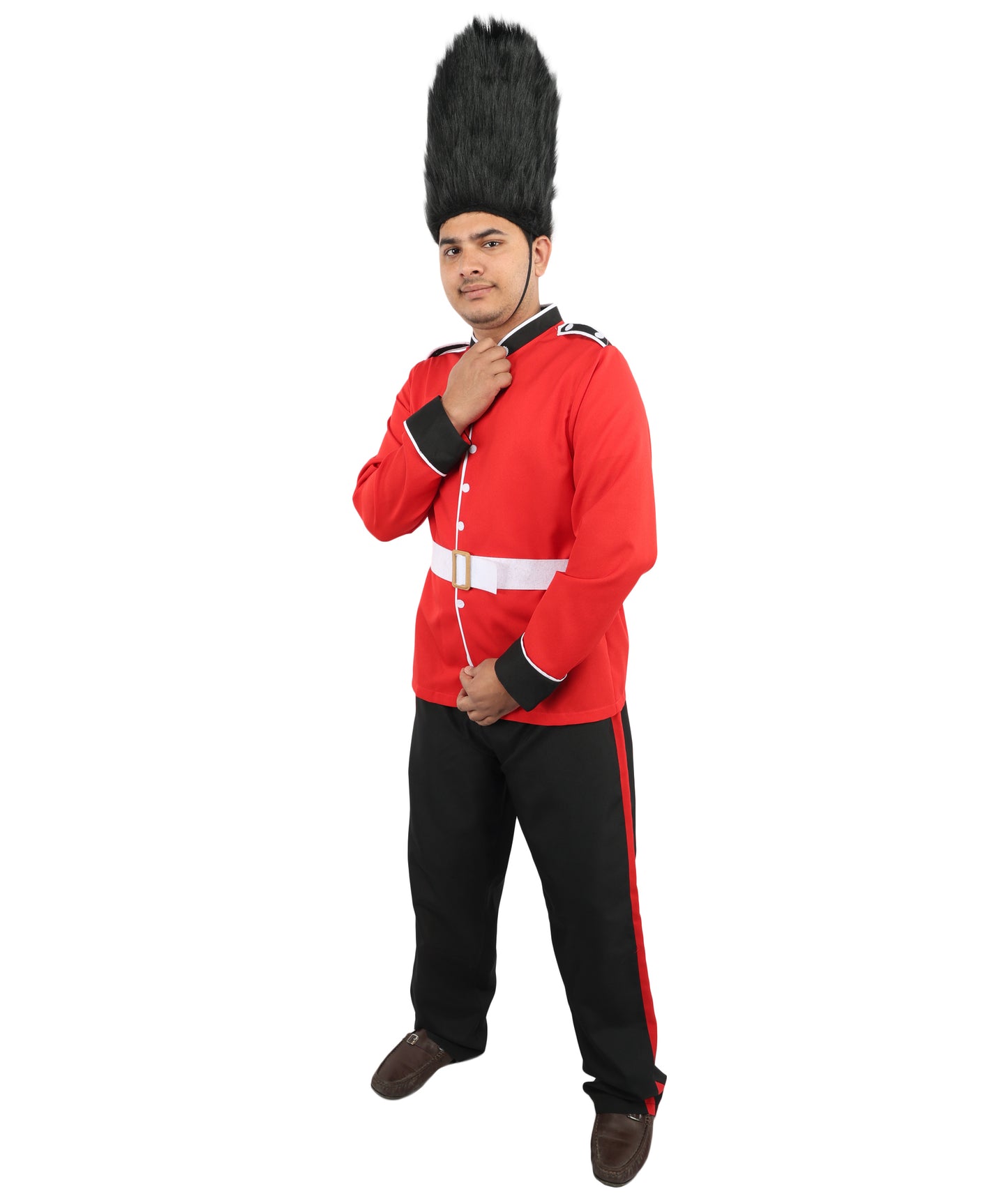 HPO Men’s Red Royal Guard Style Costume White Belt Black Pant & Cap– Palace Uniform Outfit with Gold Trim | Fancy Dress, Halloween Party & Cosplay Wear