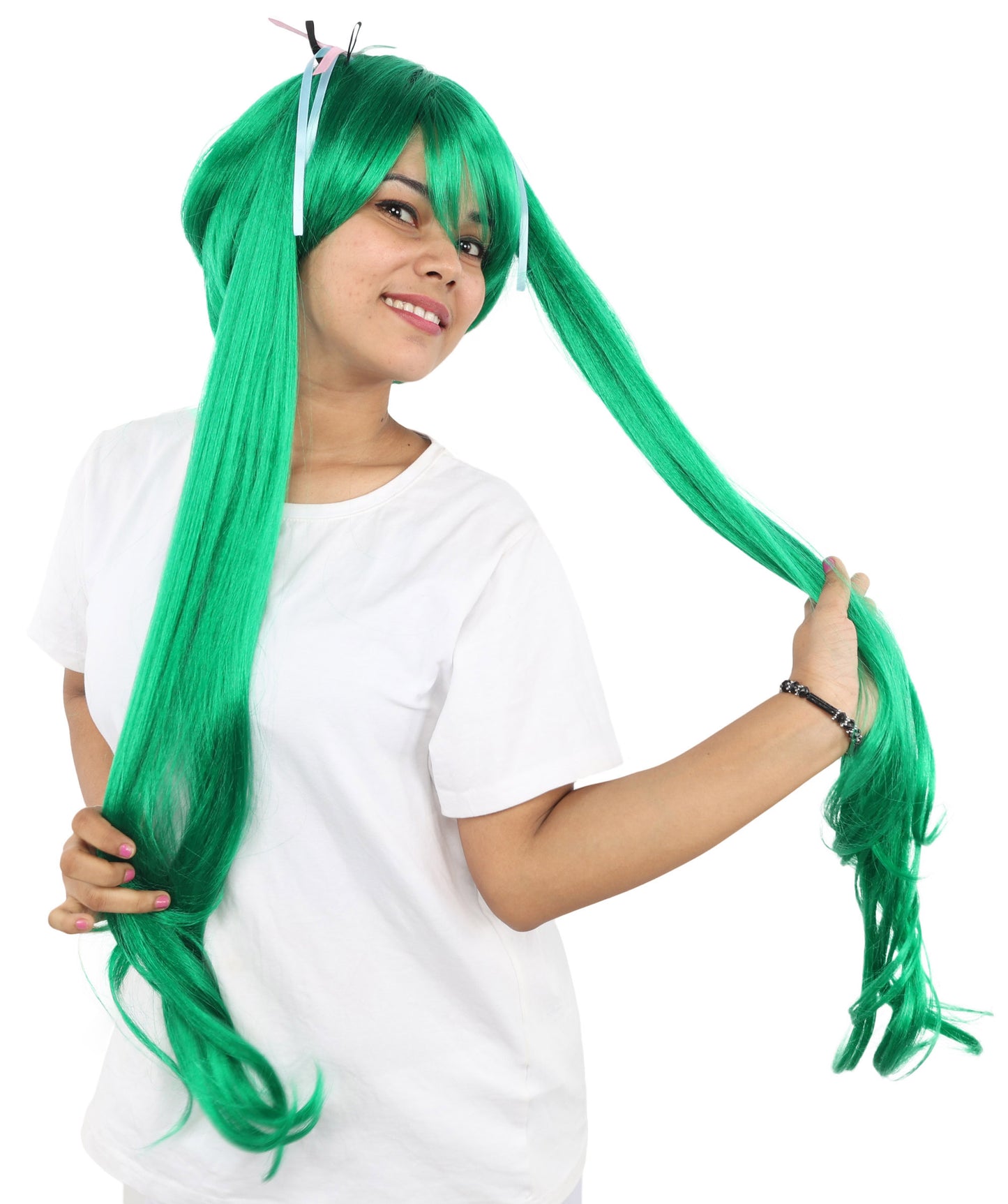 HPO Adult Women's Anime Wig with Long Ponytails | Vibrant Teal Synthetic Cosplay Hairpiece | Adjustable Breathable Cap for Halloween, Parties & Stage