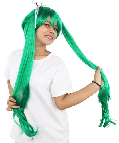 HPO Adult Women's Anime Wig with Long Ponytails | Vibrant Teal Synthetic Cosplay Hairpiece | Adjustable Breathable Cap for Halloween, Parties & Stage