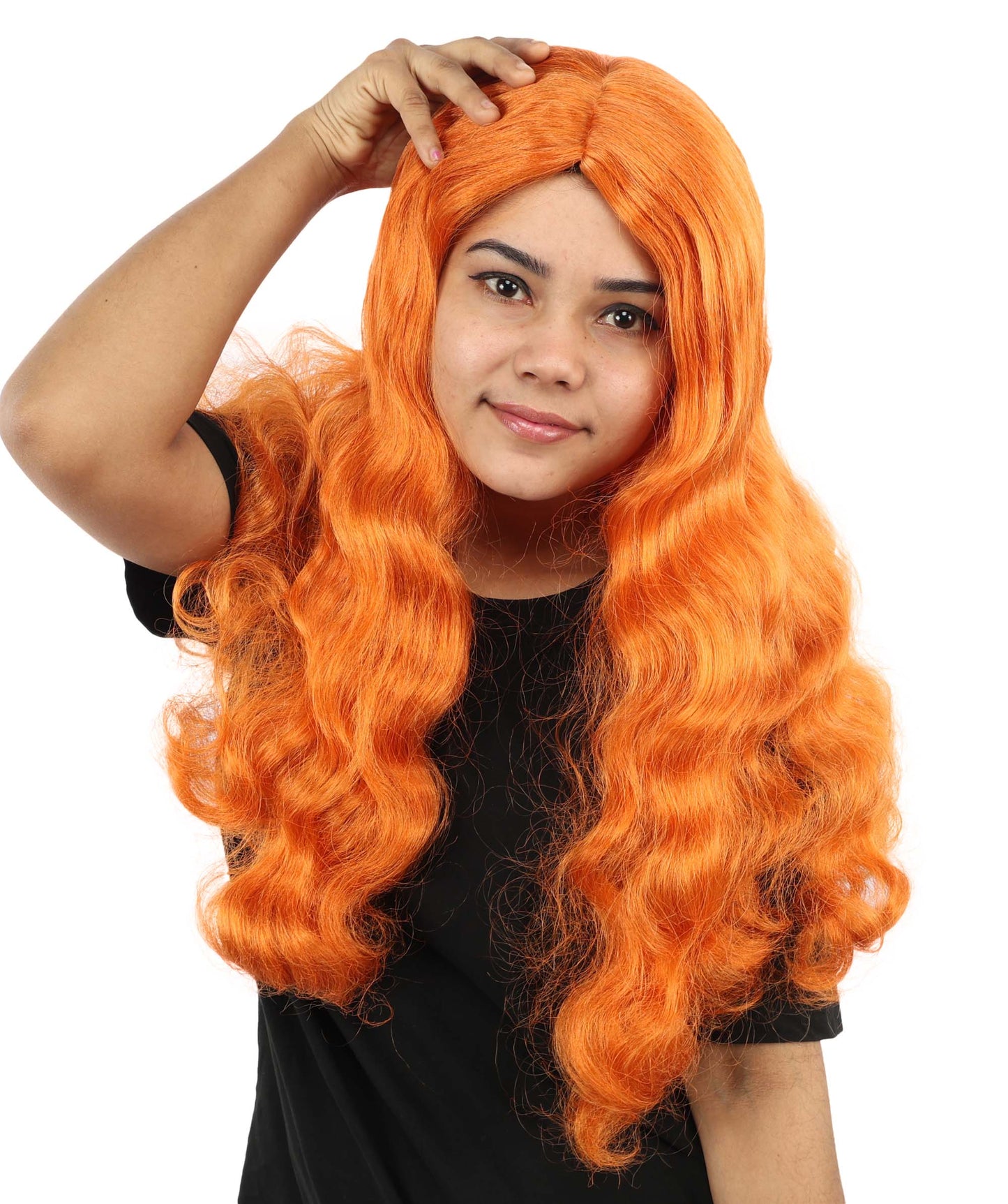 HPO Women's Long Orange Wavy Wig | Center Parted Ginger Curls with Voluminous Ends, Heat Resistant Synthetic Fiber & Breathable Cap | Halloween, Teen Roleplay, Theater, Themed Party & Costume Events