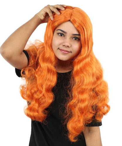 HPO Women's Long Orange Wavy Wig | Center Parted Ginger Curls with Voluminous Ends, Heat Resistant Synthetic Fiber & Breathable Cap | Halloween, Teen Roleplay, Theater, Themed Party & Costume Events