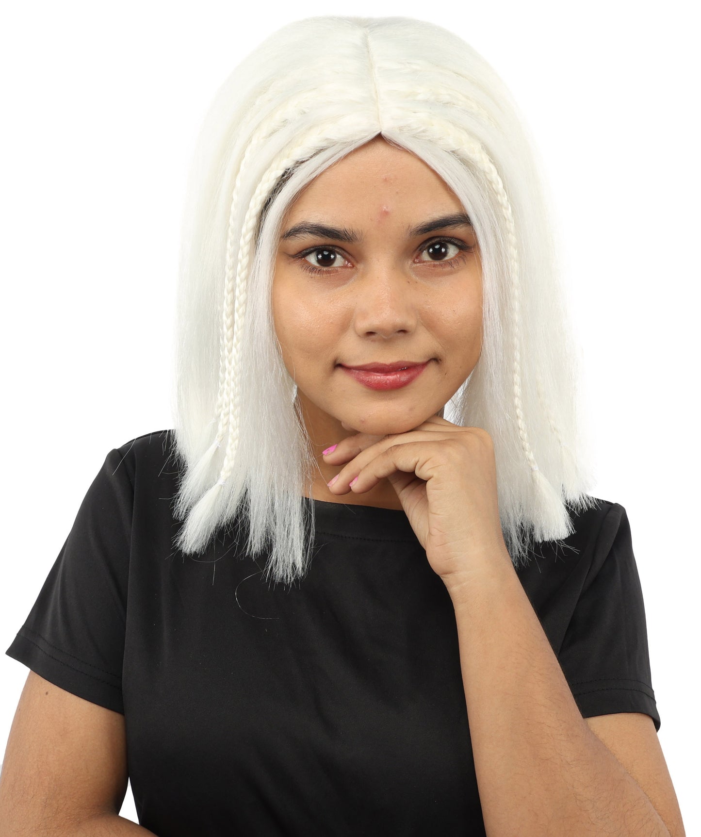HPO Celebrity-Style 11 Inch Green Rooted Blonde Front Braided Straight Wig | Shoulder-Length Fun, Bold, and Stylish Hairpiece  | Ideal for Halloween, Cosplay, and Themed Parties