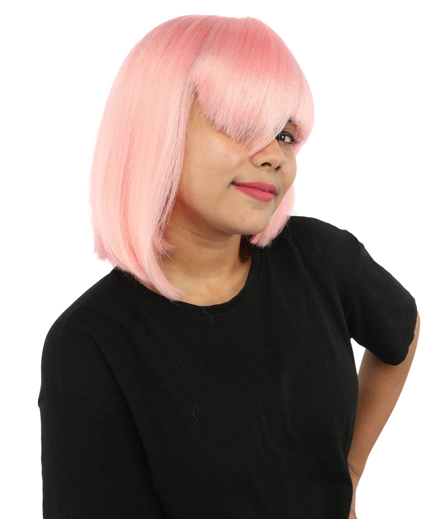 HPO Adult Women's Asymmetrical Bangs Bob Wig | Multiple Color Options | Create of synthetic fiber, sleek straight volume, breathable capless base | Party, Halloween, theater, drag, performance, costume events