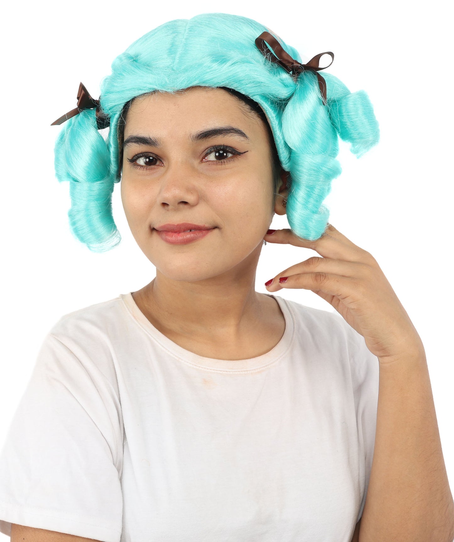 HPO Women's Golden White Mixed Curly Pigtail Wig | Messy Ringlet Twin Tails with Attached Fabric Ribbons, Synthetic Fiber & Breathable Cap | Halloween, Movie Character Roleplay, Costume Party & Theater