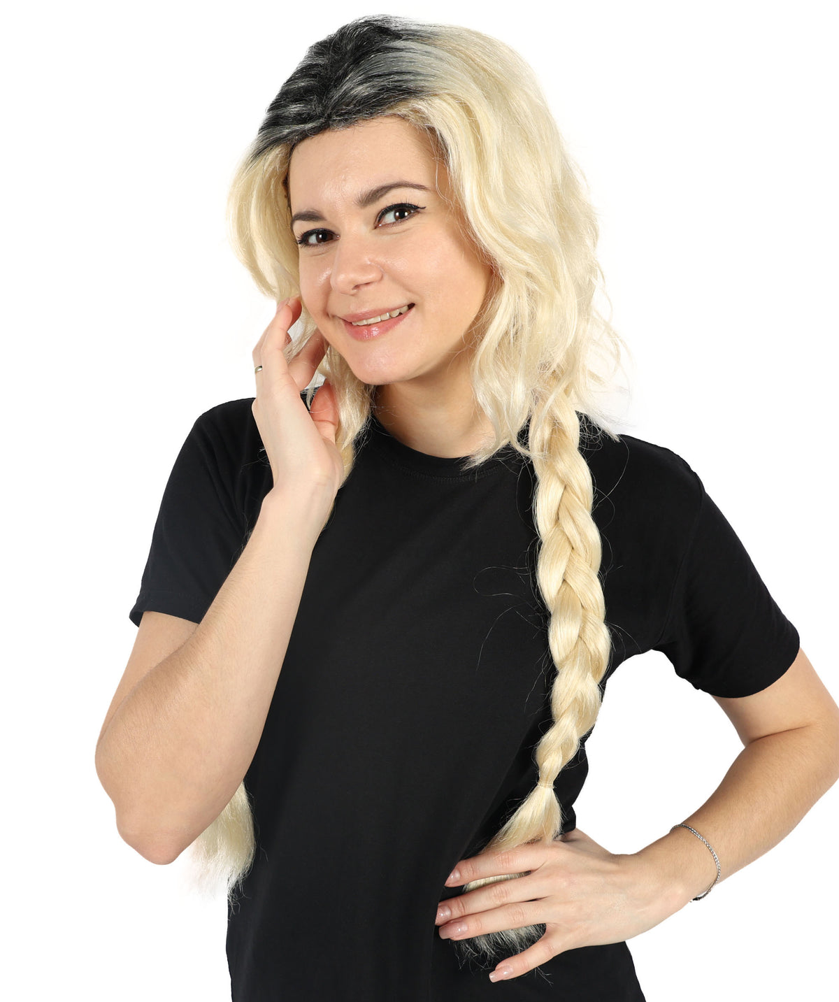 HPO Adult Women Sabrina Carpenter-Inspired Black and Blonde Wig with Braids - Perfect for  & Costumes, Long Synthetic Hair with Adjustable Cap for Comfort & Style, Halloween, & Themed Parties