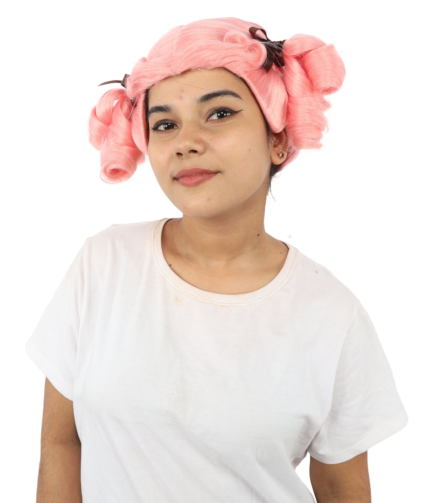 HPO Women's Golden White Mixed Curly Pigtail Wig | Messy Ringlet Twin Tails with Attached Fabric Ribbons, Synthetic Fiber & Breathable Cap | Halloween, Movie Character Roleplay, Costume Party & Theater