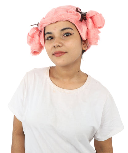 HPO Women's Golden White Mixed Curly Pigtail Wig | Messy Ringlet Twin Tails with Attached Fabric Ribbons, Synthetic Fiber & Breathable Cap | Halloween, Movie Character Roleplay, Costume Party & Theater
