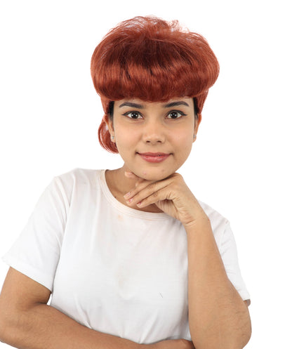 HPO Women's Retro Pin-Up Auburn Wig | Copper red tone, create of synthetic fiber, vintage curled bumper bangs with rolled back, breathable base | Party, Halloween, theater, drag, performance, costume events