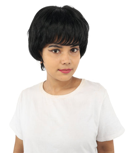 HPO Adult Women's Short Silver White Pixie Wig  | Edgy Layered Cut with Bangs | Synthetic Hair Wig for Stage Fashion, Cosplay, Halloween & Bold Party Looks