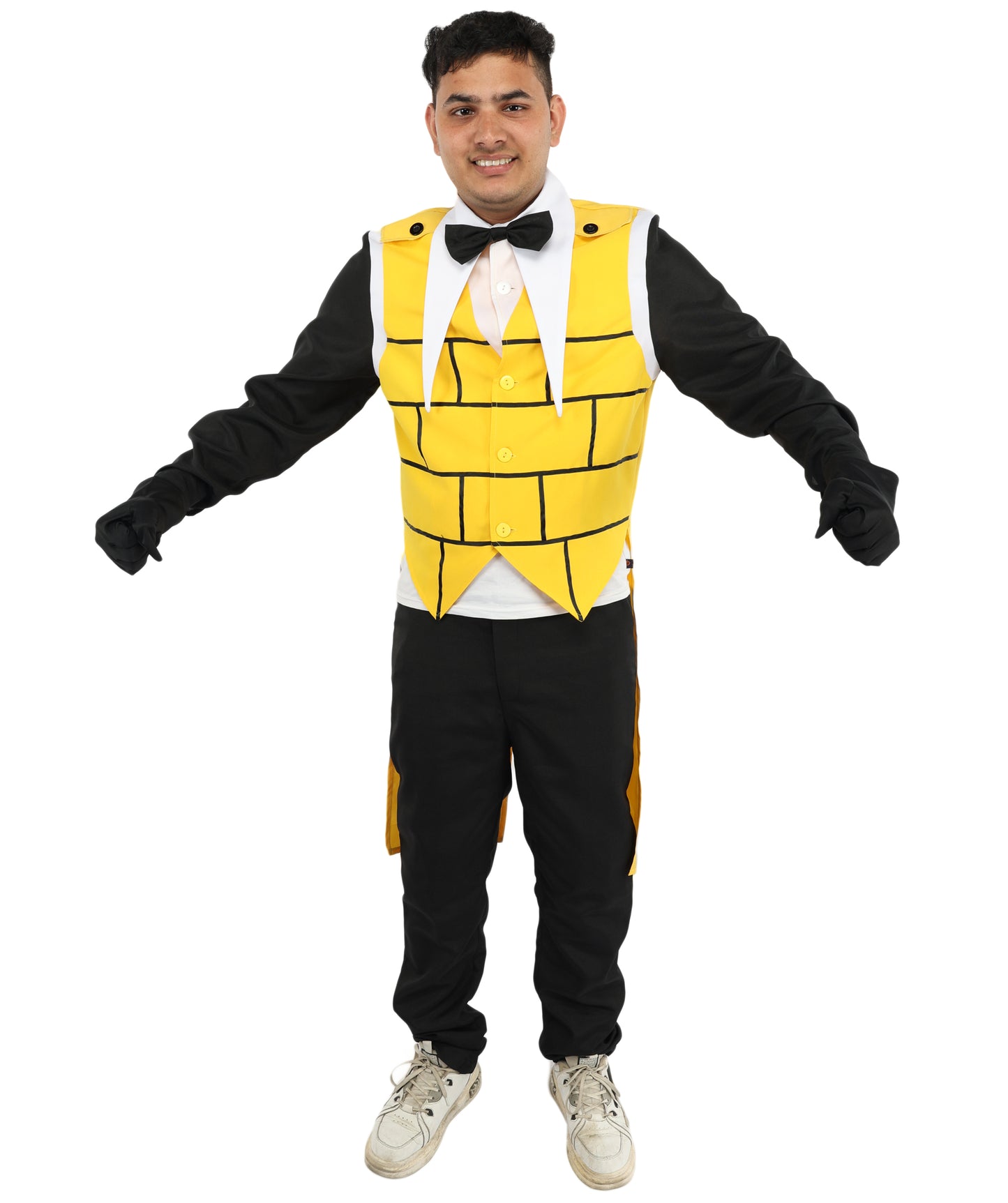 HPO Men's Yellow Black White Brick Demon Costume | Tailcoat Suit with Eye Symbol on Back and Bow Tie | Ideal for Halloween, Theater, Drag, and Mystery Events