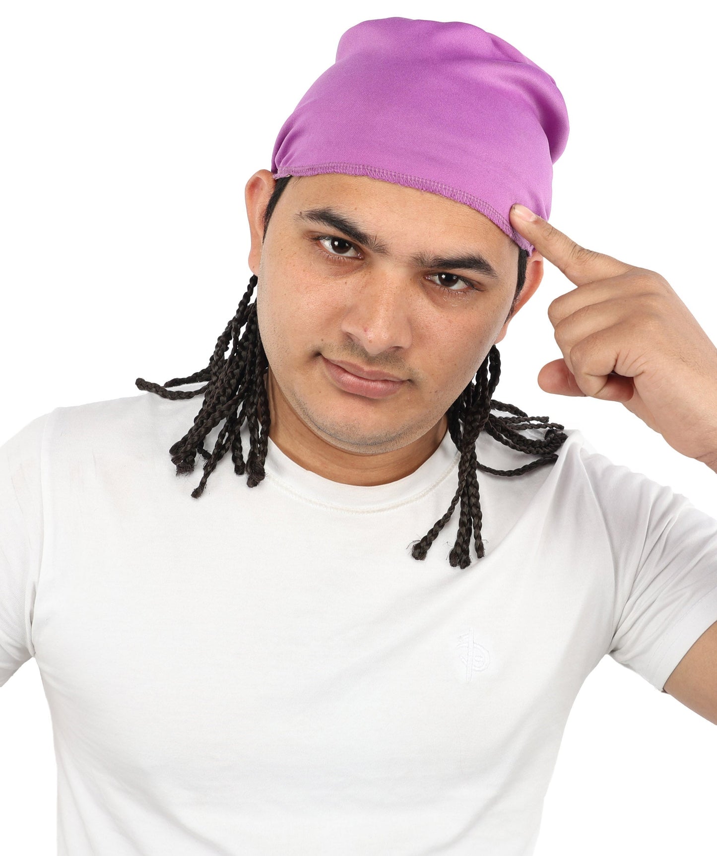 Men’s Movie Character Inspired Black Braided Wig with Purple Head Wrap Hat | Flame-retardant Synthetic Fiber | Ideal Hairpiece for Cosplay & Halloween