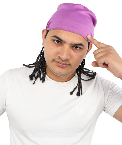 Men’s Movie Character Inspired Black Braided Wig with Purple Head Wrap Hat | Flame-retardant Synthetic Fiber | Ideal Hairpiece for Cosplay & Halloween