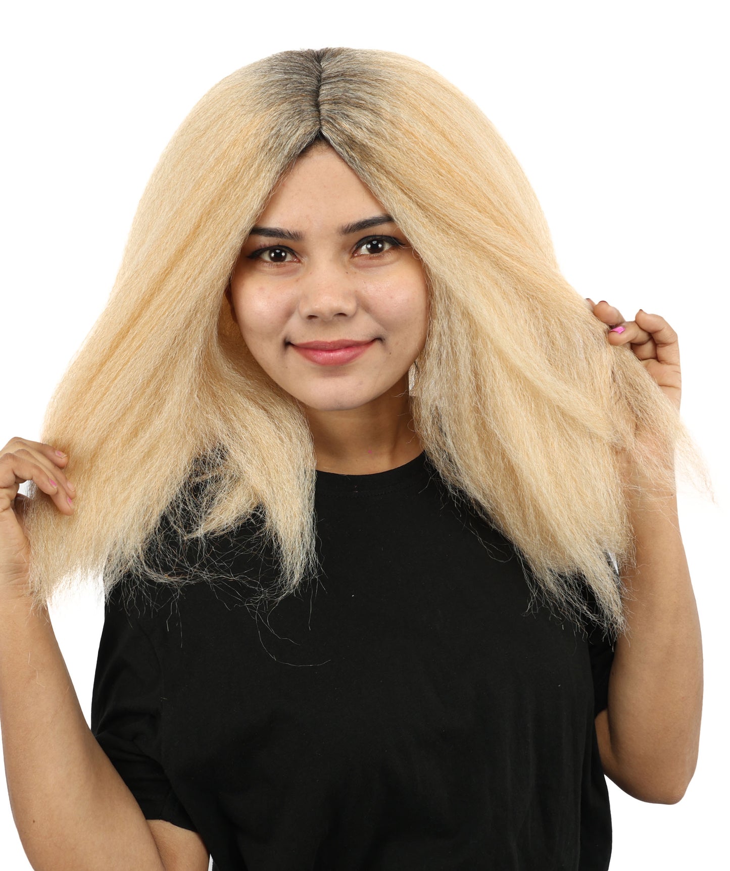 HPO Women's Long Rounded Cartoon Hair Wig | Black & Blonde Bubble Bob, Deep Side Part, Heat Friendly Synthetic Strands & Breathable Net | Fancy Dress, Stage Show, Animated Character Events, Halloween & Festival