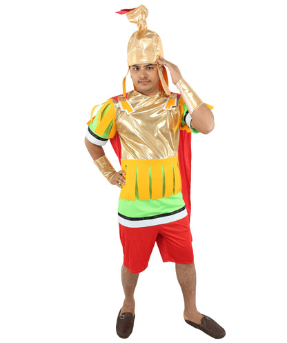 HPO Men's Roman Gladiator Multicolor Costume | Imperial Soldier Metallic Gold Breastplate Cape Tunic Pleated Pteruges Skirt | Halloween Cosplay Theater Drag Performance Costume Events