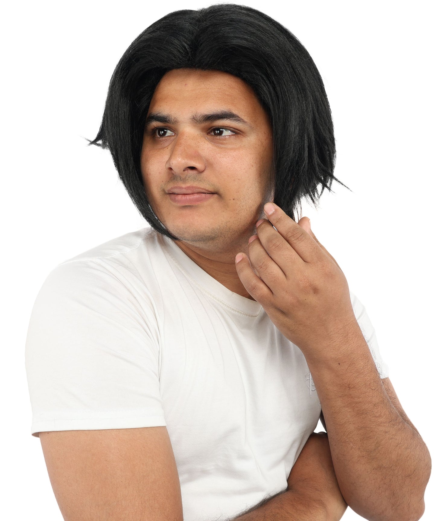 HPO Men's Two Tone Black & White Layered Anime Hair | Frosted Tips Messy Style, Natural Matte Finish, Adjustable Interior Net & Durable Strands | Carnival, Dress Up, Fantasy Conventions, Theater & Photo Shoots
