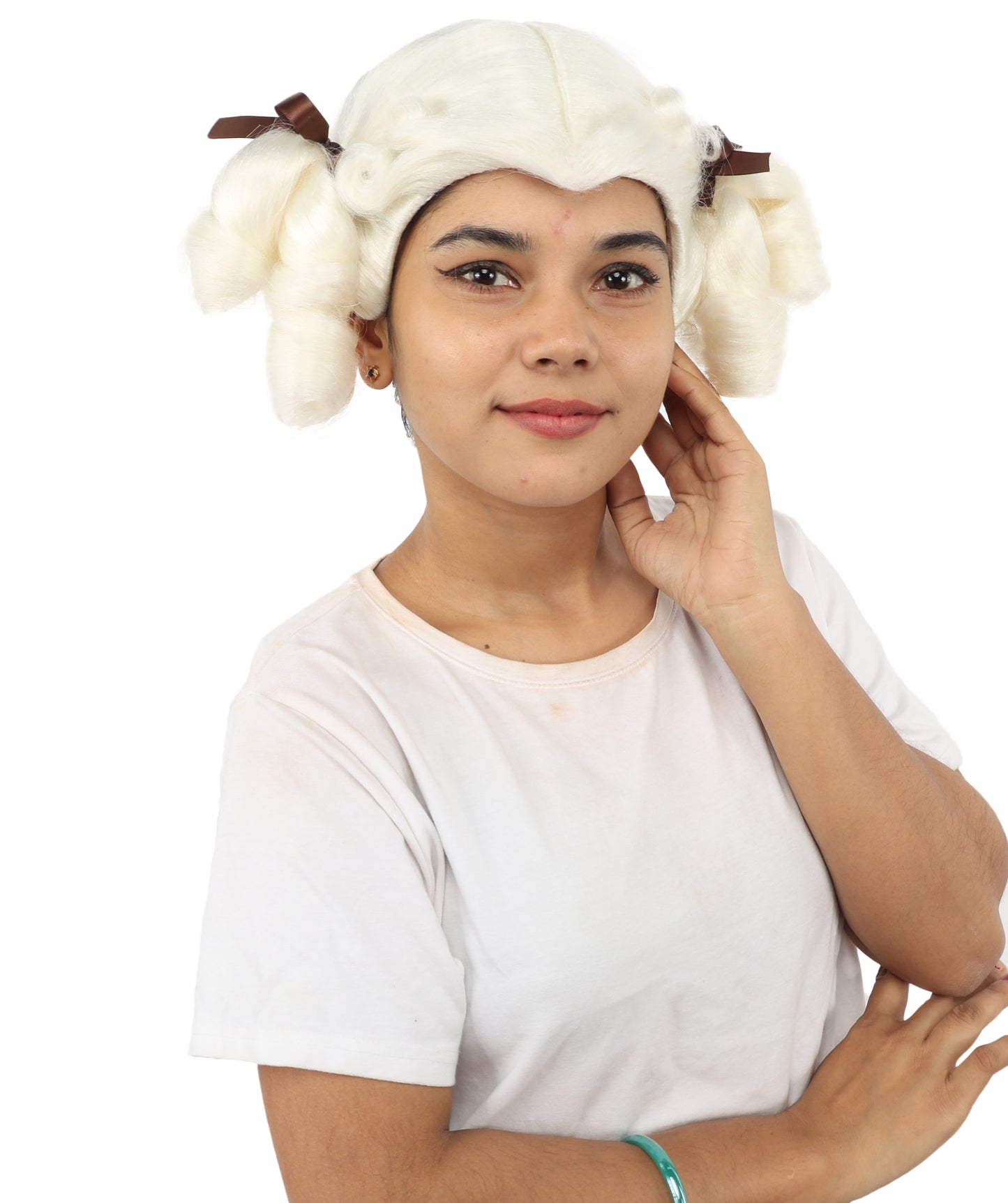 HPO Women's Golden White Mixed Curly Pigtail Wig | Messy Ringlet Twin Tails with Attached Fabric Ribbons, Synthetic Fiber & Breathable Cap | Halloween, Movie Character Roleplay, Costume Party & Theater
