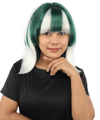 HPO Women's Geometric Character Wig | Deep emerald green with white accents, create of synthetic fiber, sleek straight bob with long framing strands, breathable base | Party, Halloween, theater, drag, performance, costume events