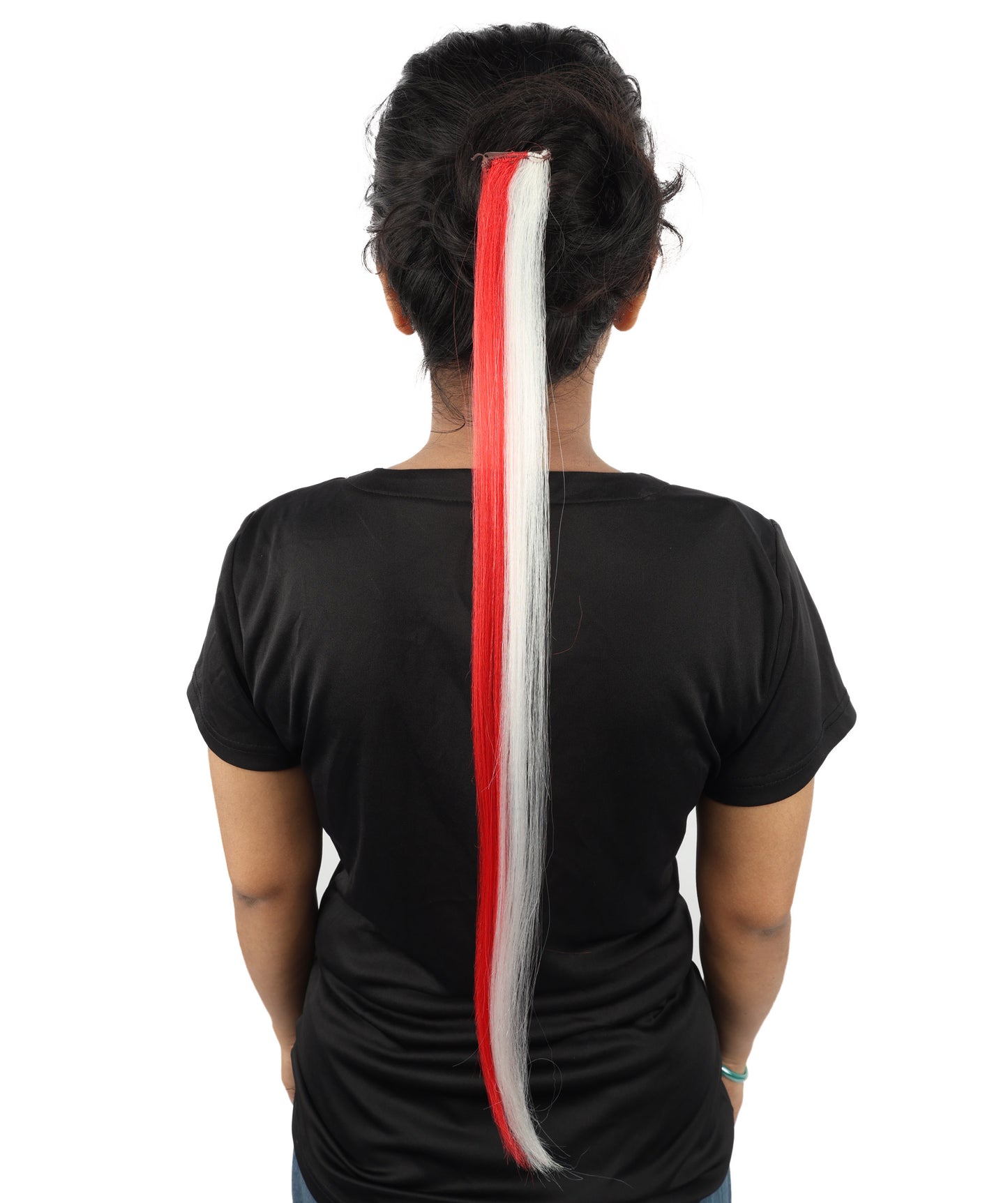 HPO Women's International Clip-in Hair Extension | Sleek straight red and white synthetic fibers featuring a secure snap attachment | Ideal for party, Halloween, cosplay, theater, drag, performance, costume events