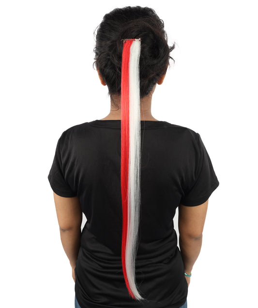 HPO Women's International Clip-in Hair Extension | Sleek straight red and white synthetic fibers featuring a secure snap attachment | Ideal for party, Halloween, cosplay, theater, drag, performance, costume events