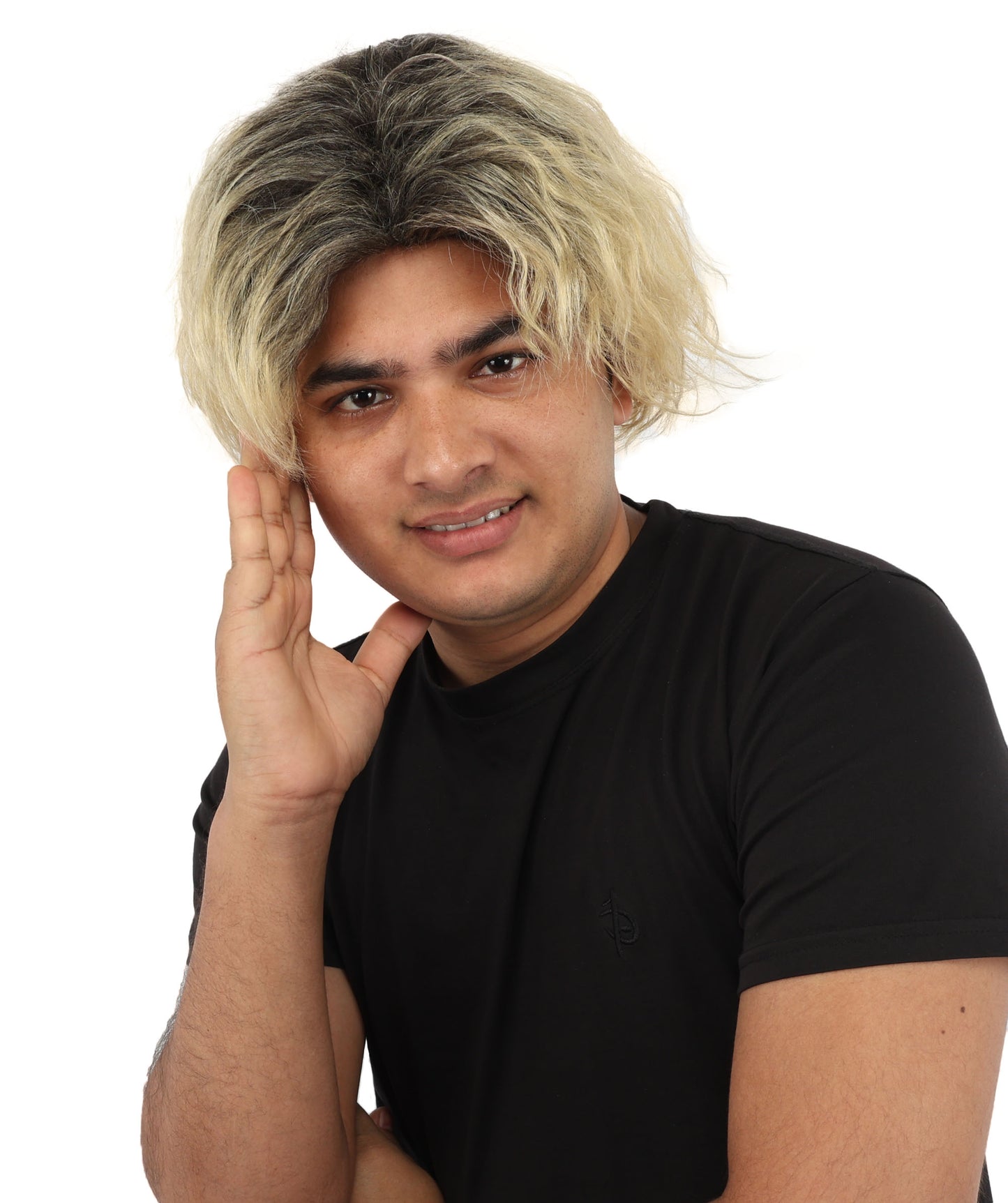 HPO Men's Messy Wavy Shag Black & Grey Wig | Two-tone rooted hue, create of synthetic fiber, relaxed tousled volume, breathable base | Party, Halloween, theater, drag, performance, costume events