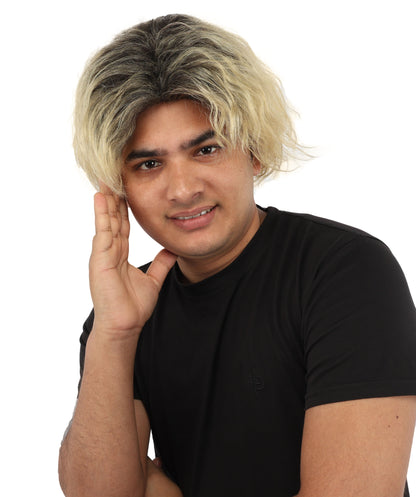 HPO Men's Messy Wavy Shag Black & Grey Wig | Two-tone rooted hue, create of synthetic fiber, relaxed tousled volume, breathable base | Party, Halloween, theater, drag, performance, costume events