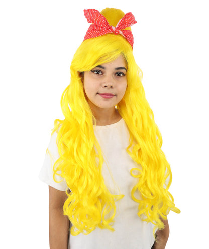 HPO Women’s Retro Beehive Wig with Red Bow | Multicolor Options | Extra Long Wavy Fancy Dress Accessory | Fancy Dress Accessory | Celebrity-Inspired Hair for Halloween, Cosplay & Music Tribute Parties