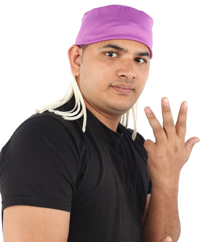Men’s Movie Character Inspired Black Braided Wig with Purple Head Wrap Hat | Flame-retardant Synthetic Fiber | Ideal Hairpiece for Cosplay & Halloween