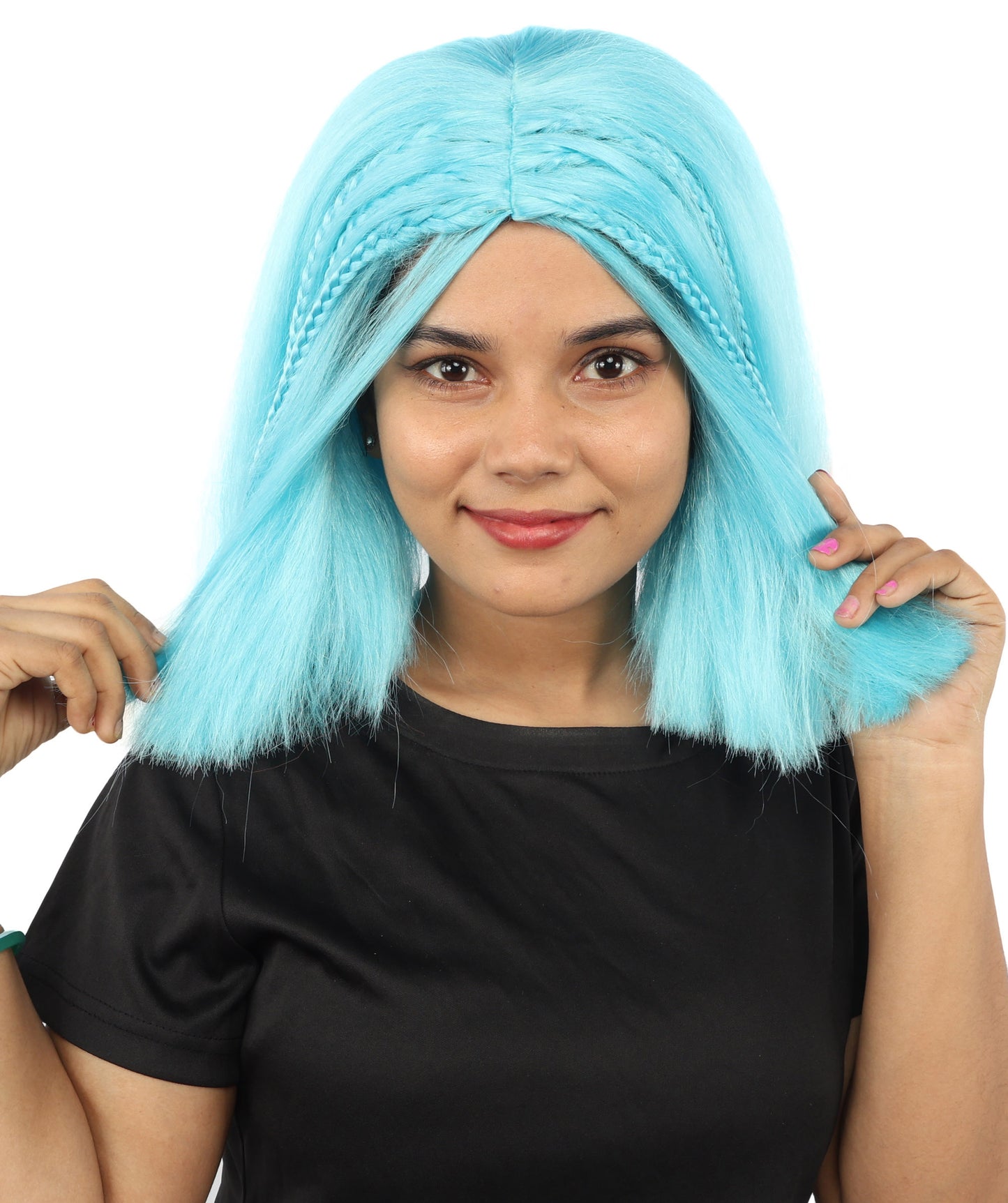 HPO Celebrity-Style 11 Inch Green Rooted Blonde Front Braided Straight Wig | Shoulder-Length Fun, Bold, and Stylish Hairpiece  | Ideal for Halloween, Cosplay, and Themed Parties